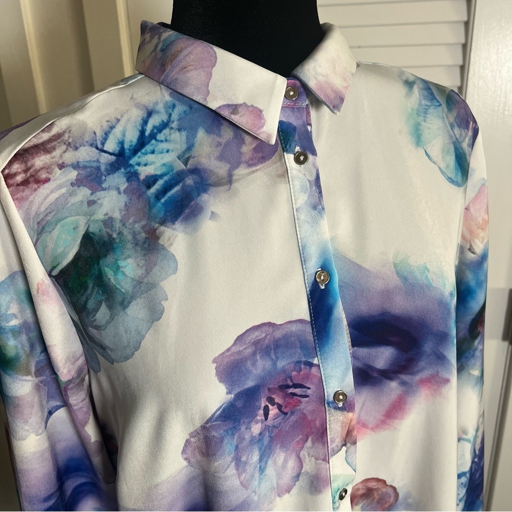 EUC River Island Watercolor Flowy Floral Button Down Shirt Dress Sz UK 16 US 12 - Picture 2 of 11